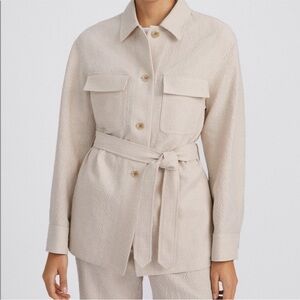 Belted Beige Textured Shirt Jacket - Women